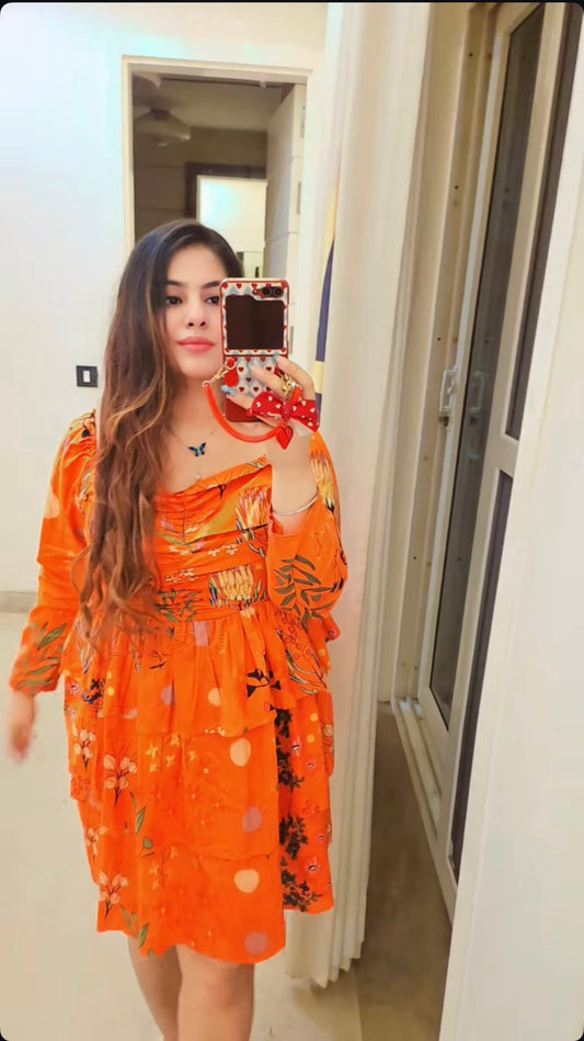 Orange Printed Double Layered Full Sleeves Dress
