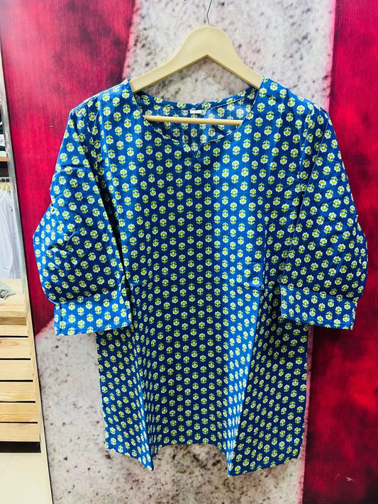 Blue Green Flower Short Kurta