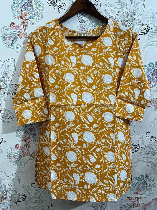 Yellow White Flower Short Kurta