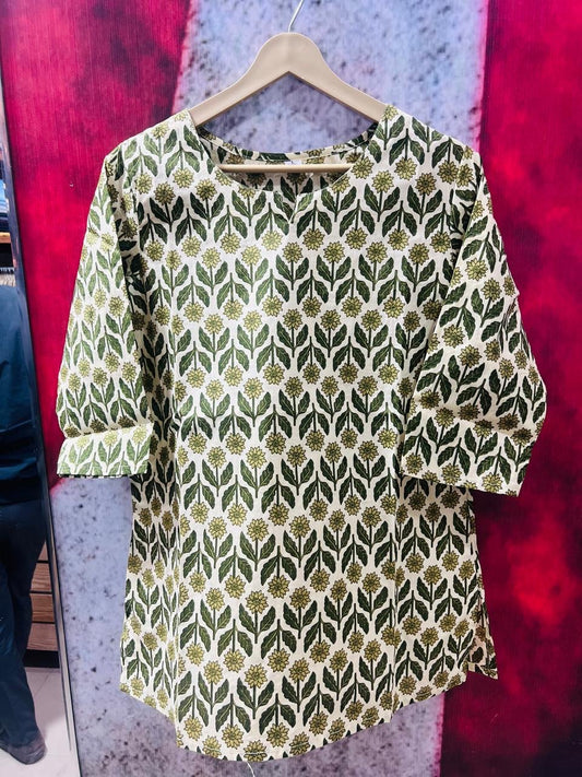 Green Yellow Flower Short Kurta