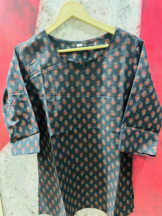 Blue Orange Leaf Short Kurta